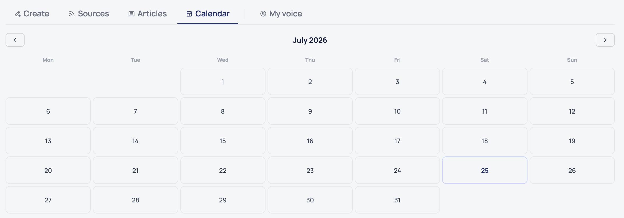 Ombaia blog module: plan and schedule your SEO articles on a content calendar to publish consistently on your own site.