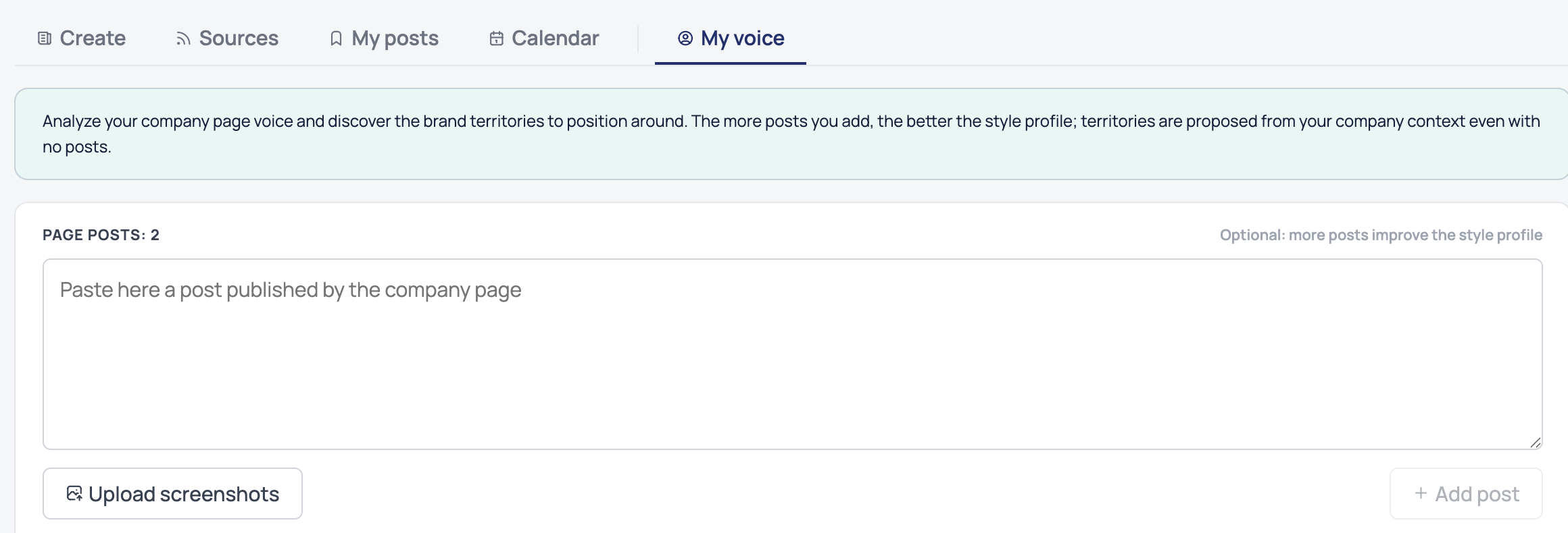 Ombaia company page module: analyze your company page voice and discover the brand territories to position around, from your company posts and context.