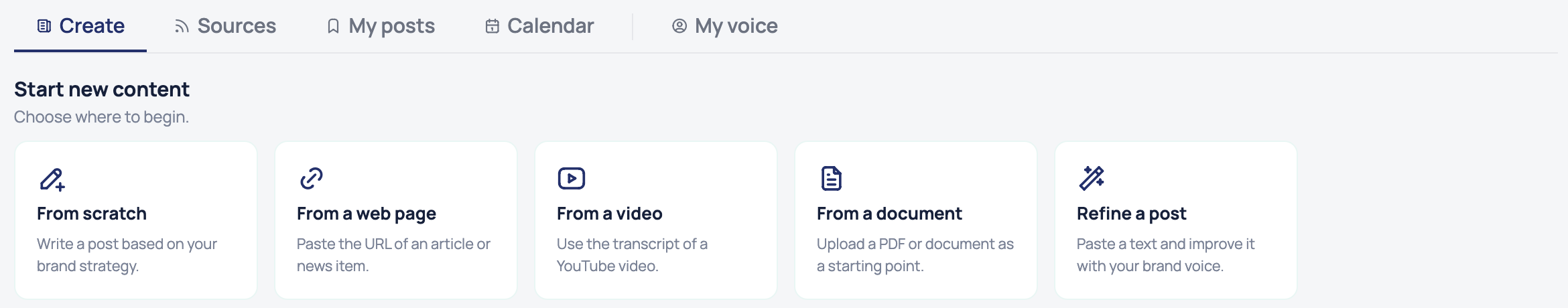 Ombaia LinkedIn content module: start a post from scratch, a web page, a video or a document — or refine an existing text in your brand voice.