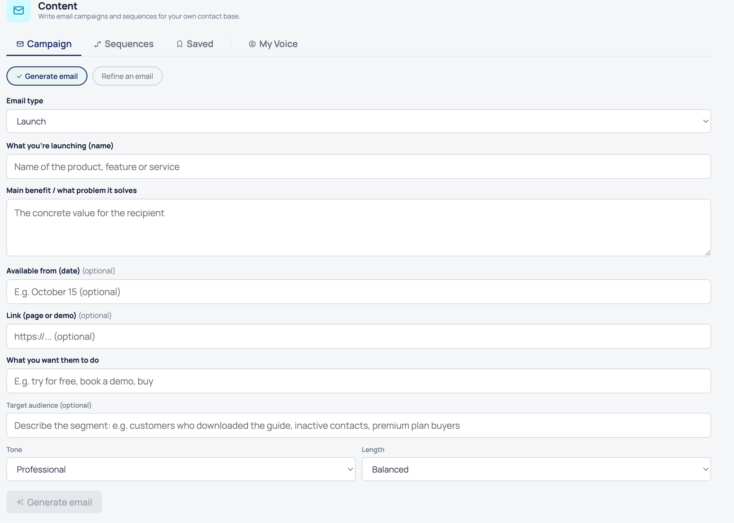 Ombaia email module: choose the email type and fill the guided fields (what you're launching, benefit, link, call to action), tone and length, then generate the campaign in your company's voice.