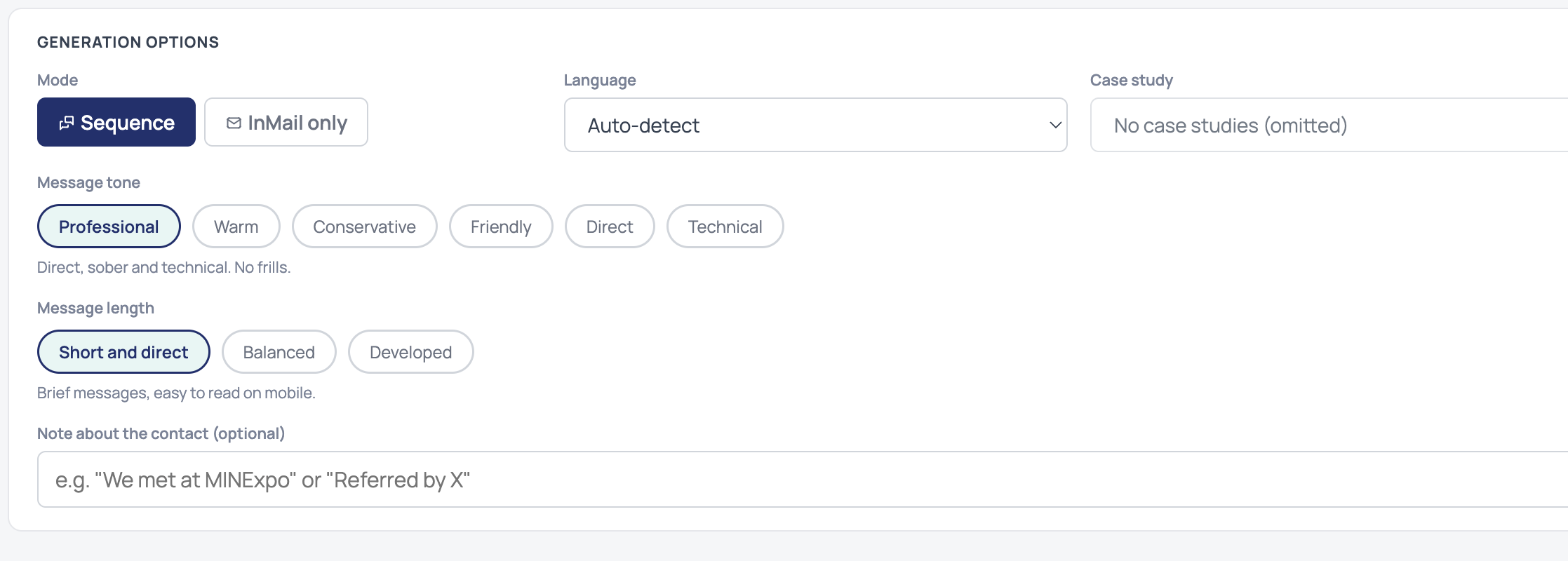 LinkedIn outreach generation options in Ombaia: sequence or InMail mode, message tone, length and language, with an optional note about the contact.