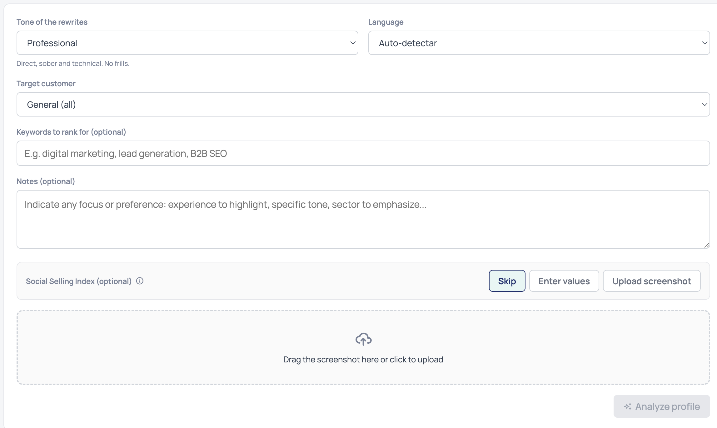 Ombaia LinkedIn profile optimizer: choose the rewrite tone, language and target customer, add keywords, and get an audit of your profile with a score and rewrites.